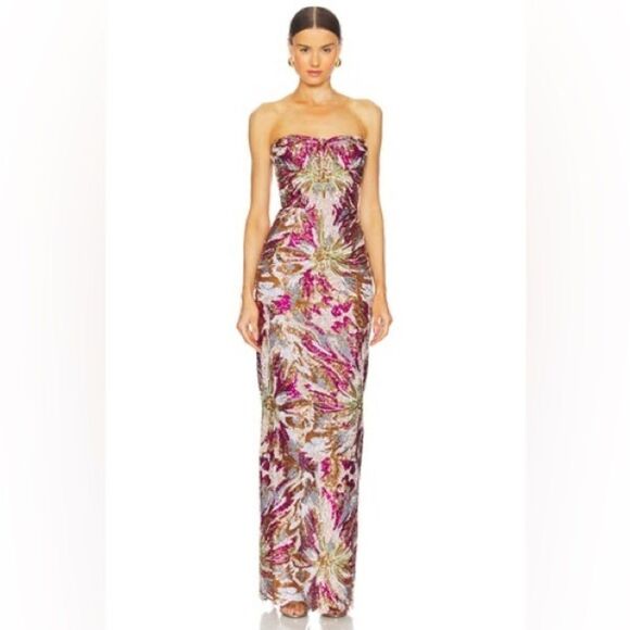 NWOT BRONX AND BANIC Dahlia Fuchsia Multi Maxi Strapless Dress - Picture 1 of 15
